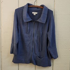 CHRISTOPHER & BANKS Pewter Blue Cotton Full Zip Up 3/4 Sleeve Cardigan Medium